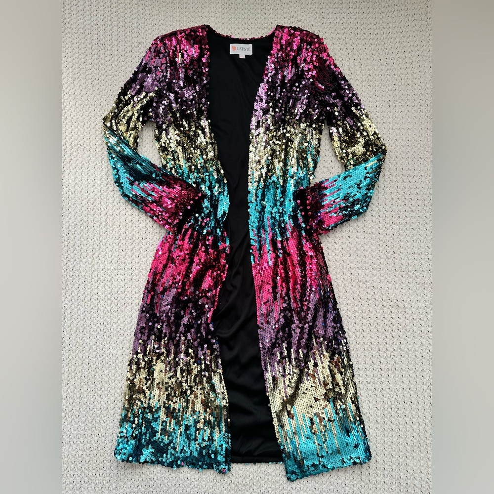 L'ATISTE Rainbow Festival Sequin Cardigan, Colorful circus shimmer duster  B1
